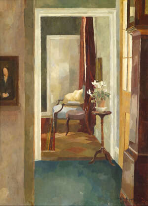 
	
		Angela Burfoot,
		British 1934-2006-
		 
		Interior Scene;
		 
		Oil on board, signed...