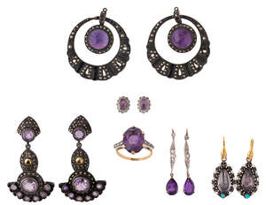 
	
		Five various pairs of amethyst earrings and a ring, earrings comprise: a pair of 19th...