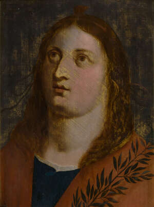 Flemish School, 
17th century- 
Portrait of a man, head and shoulders, wearing a red cloak,...