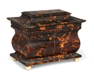 
	
		A George IV tortoiseshell sarcophagus shaped two-division tea caddy, with silver inlay,...