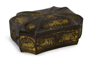 
	
		A Chinese export lacquer box, 19th century,  of rectangular hexagonal shape with domed...