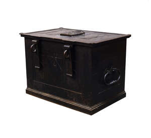 
	
		A Viennese iron armada chest,18th Century,  the lid with architectural form lock plate...