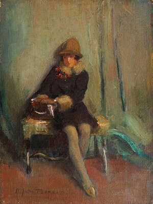 Harry John Pearson RBA, 
		British 1872-1933- 
		 
		Girl seated on a stool wearing a hat and black coat; 
		 
		oil on George Rowney & Co. Birchmore bo
