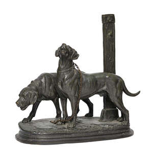 
	
		Paul Delabrierre, French, 1829-1912, Deux chiens de relais, a bronze model of two...