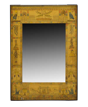 
	
		A fruitwood and penwork Egyptian style mirror, early 20th century, of rectangular form,...