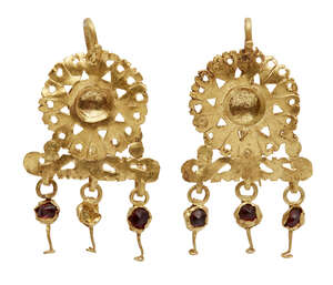 
	
		A pair of Etruscan gold sheet earrings, the pendant in the form of a flowerhead with...