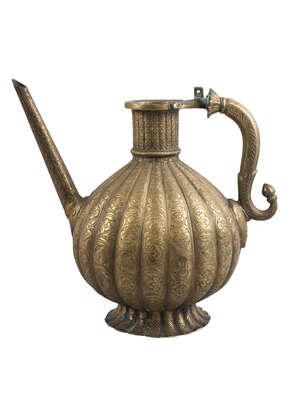 
	
		An engraved Mughal brass ewer, India, 18th century, of globular form on a splayed foot,...