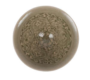 A Chinese Yaozhou celadon conical bowl, Song dynasty, moulded to the interior with a central chrysanthemum surrounded by six further chrysanthemum blooms and m