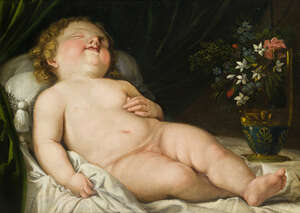 Manner of Guido Reni, 
		18th century- 
		 
		The Sleeping Child;
		 
		oil on canvas, bears inscription on the reverse, 42x57cm
		 
		Note: The pres