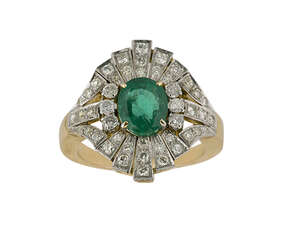
	
		An emerald and diamond cluster ring, the single oval-cut emerald in four claw mount with...