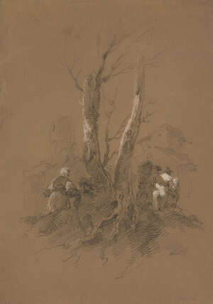 
	
		Giuseppe Bernardino Bison, 
		Italian 1762-1844- 
		 
		Figures travelling through a...