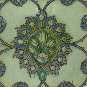 
	
		A Damascus Iznik tile, 17th century, of square form, part of a repeating design, painted...