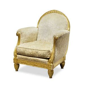 
	
		A Gilt-wood armchair in the style of Paul Follot
		20th Century 
		The frame carved...