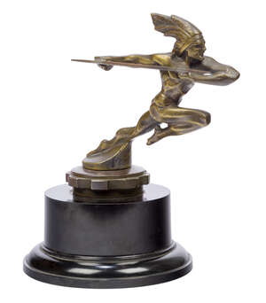 
	
		A bronze Running Native American Chief car mascot, 1930s, on a radiator cap cover and...