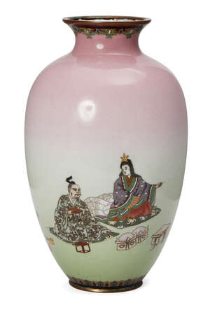 
	
		A Japanese cloisonné vase, Meiji period, of baluster form, depicting noble figures being...