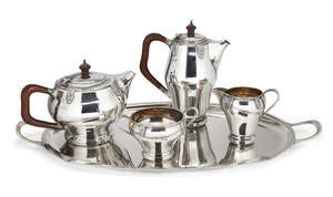 
	
		A four-piece silver tea set and tray, Birmingham, c.1960 and 1961, Elkington & Co., the...