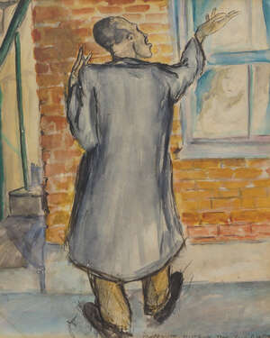 
	
		British School, 20th century- Portrait of a man in a long coat, with a window beyond;...
