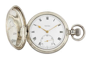 
	
		A silver hunter-case pocket watch, by Vertex, the white enamel dial with Roman numerals,...