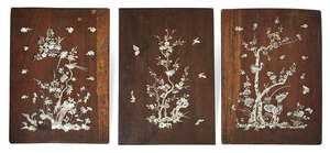 
	
		Three Chinese padouk wood and mother of pearl inlaid panels, late 19th century, each...
