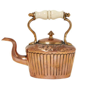 
	
		An Arts and Crafts copper kettle with cover   
		c.1900  
		of oval section and with...