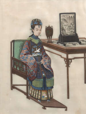 
	
		A set of three Chinese rice paper paintings and a similar smaller pair, late 19th...