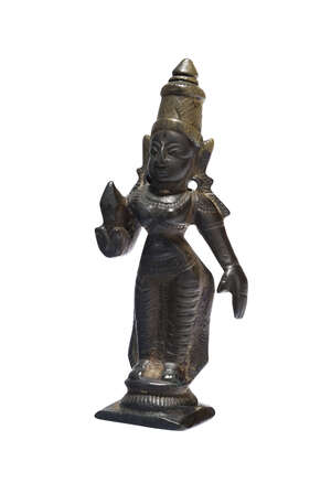 RTOA small South Indian bronze figure of Parvati, 19th century, on a rectangular base, holding a lotus bud and wearing a necklace and draped cloth, 7.2cm. high