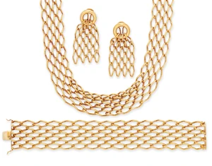 A necklace, bracelet and earrings set, each of multi-row wire panel design, the necklace stamped...