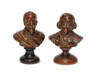 
	
		Two carved boxwood busts of nobleman, probably Flemish, 17th century, possibly chess...