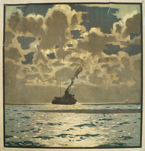 Norman Wilkinson CBE RI, 
		British 1878-1971- 
		 
		Sea crossing at night; 
		 
		lithograph in colours, signed within the plate, 63.5x63.5cm, (unfram