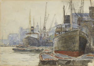 
	
		Henry Charles Brewer RI, 
		British 1866-1950 - 
		 
		On the Thames at Cannon Street;...