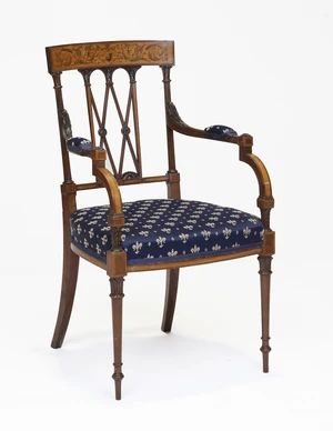 An Edwardian marquetry and mahogany open armchair, first quarter 20th century, the crest rail...