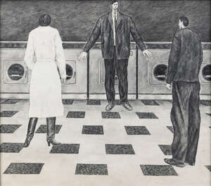 
	
		Rod Judkins, 
		British b.1956 - 
		 
		Laundrette; 
		 
		pencil on paper, signed...