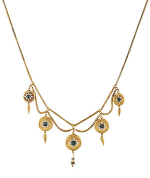 
	
		A 19th century gold, emerald and enamel  festoon locket necklace, designed as a...