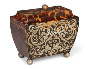 
	
		A George IV silver inlaid tortoiseshell sarcophagus shaped two-division tea caddy, lidded...
