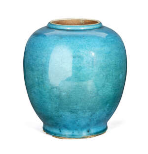 A Chinese porcelain monochrome jar, Kangxi period, with allover turquoise glaze, unmarked glazed footrim, 21.5cm high