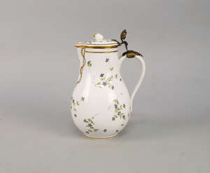 
	
		A French La Courtille porcelain jug and cover, 18th century, with a gilt metal hinge and...