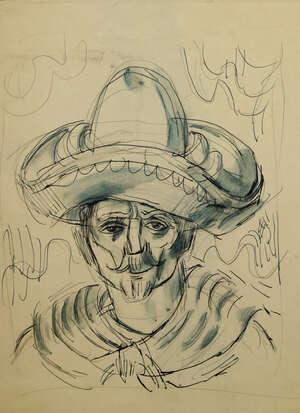 Leon Underwood,
		British 1890-1975-
		 
		Man in a sombrero (recto), study of female head (verso);
		 
		pen and wash, 26x20.5cm (unframed)(ARR)
		 