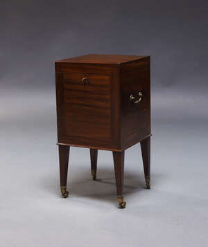 
	
		A George III mahogany cellarette, the square lid enclosing lead lined interior with four...