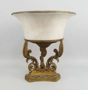 
	
		A modern pottery and bronze tazza, of recent manufacture, the pottery bowl supported on...
