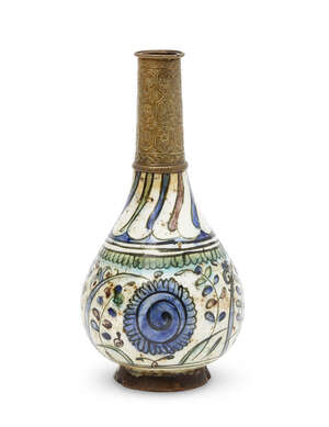 
	
		A Damascus pottery bottle with Ottoman brass mounts, Ottoman Syria, 17th century with...