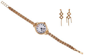 
	
		A lady's 9ct gold wristwatch, by Longines; and pair of 9ct gold earrings, the wristwatch...