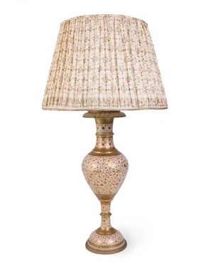 A Kashmiri style twin-light brass vase lamp, second half 20th century, decorated throughout with polychrome scrolling blossoming branches on a white ground, wi