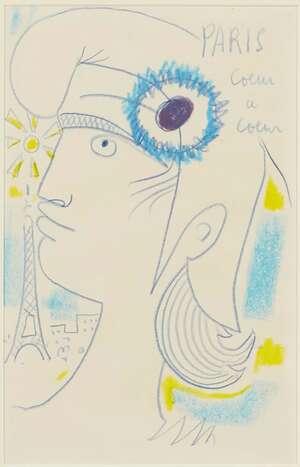 Jean Cocteau,
		French 1889-1963- 
		Design for Paris - Cœur à Cœur, circa 1962; 
		pastel and crayons on paper, titled Paris - Cœur à Cœur, upper rig