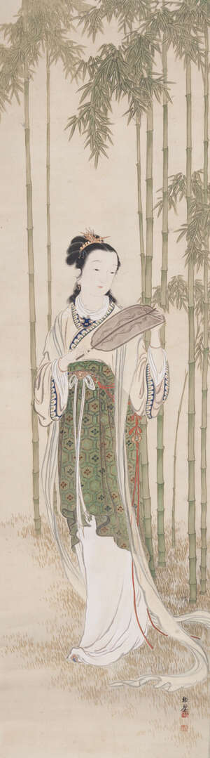 
	
		EARLY 20TH CENTURY JAPANESE SCHOOL, ink and colour on silk, hanging scroll, lady amid...