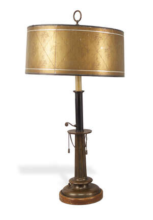 
	
		A French Art Deco twin light lamp, with circular drip pan and fluted column, on stepped...