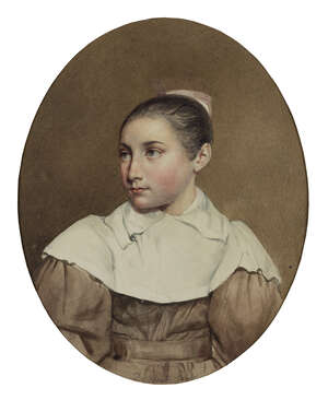 
	
		French School, 
		early 19th century- 
		Portrait of a girl, half-length, in a maroon...