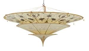 A large Fortuny ceiling light shade, last quarter 20th century, with three graduated tiers...