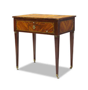 
	
		A French tulipwood, mahogany and gilt metal mounted poudreuse, late 18th Century, the...