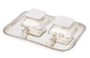 
	
		A silver inkstand, London c.1910, Goldsmiths & Silversmiths Co. Ltd., of shaped...