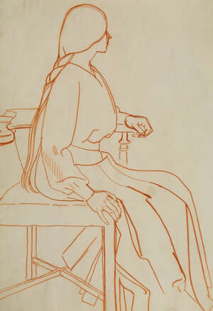 Elsie McNaught,
		British early-mid 20th century-
		 
		A lady with long plaited hair, seated on a chair;
		 
		red chalk on paper, signed in pencil ver